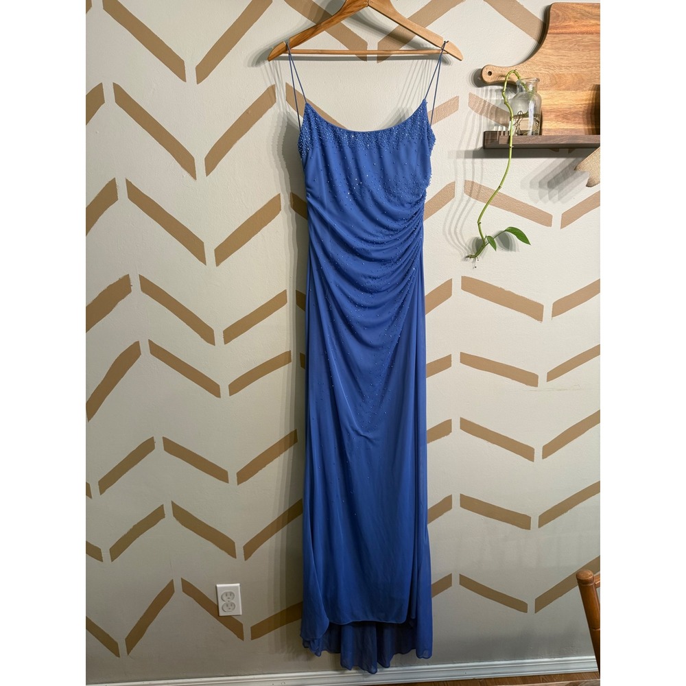 City Triangles Formal Dress Womens‎ 9 Blue Beaded Ruched Open Back Vintage Gown